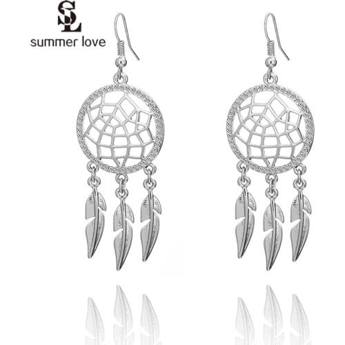 Silver Color Crystal Jewelry Dream Catcher Earrings Hollow Out Leaf Feather Drop Earring For Women Bohemia Jewelry Accessories