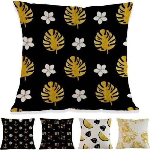 Nordic Tropical Plant Gold Black Leaves Palm Monstera Leaf Anchor Pillow Case Home Sofa Chair Room Decorative Cushion Cover