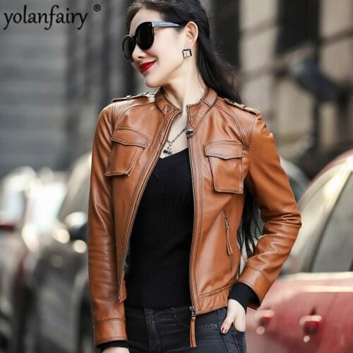 Vintage Leather Jacket Women Spring Autumn Genuine Leather Sheepskin Motocycle Jackets Streetwear Chaqueta Mujer OT1984 YY622