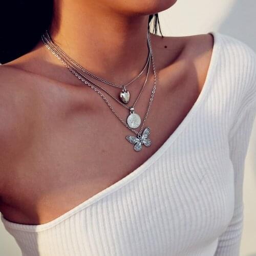 2020 Multilevel Human Head Coin Butterfly Pendant Necklaces For Women Fashion Gold Heart Shaped Chain Female Necklace Jewelry
