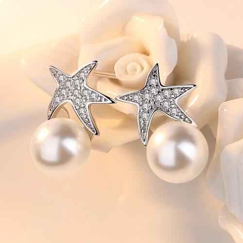 Womens Fashion Cute Sparky Starfish Engagement Stud Earrings Shiny Crystal Pearl Charming Wedding Earring Piercing Jewelry Gift