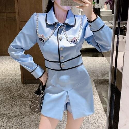 Fashion sweet suit female luxury Rhinestone lapel blouse jacket crop top + shorts sets elegant blue mini skirt suits 2 piece set