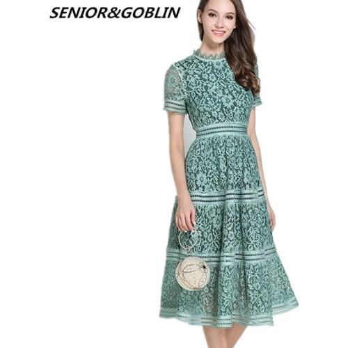 High quality woman dress 2019 Elegant and slim dress Short sleeved round neckline long lace dress