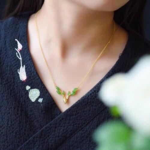 Jadery Vintage Deer Natural Jasper Emerald Jade Pendants Necklaces For Women 925 Sterling Silver Choker Necklace Fine Jewelry