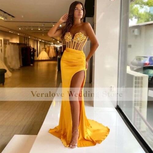 Womens Gold Evening Dress 2021 Split Appliques Lace Quinceanera Prom Party Dress Mermaid Vestido De Fiesta De Boda