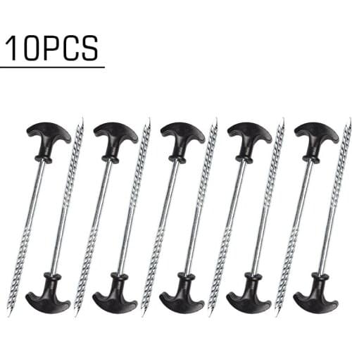 10pcs Hooks Tent Pegs Screw 20cm Steel Stakes Heavy Duty Awning Elements Moisture Pads Nails Outdoor Camping Hiking Accessories