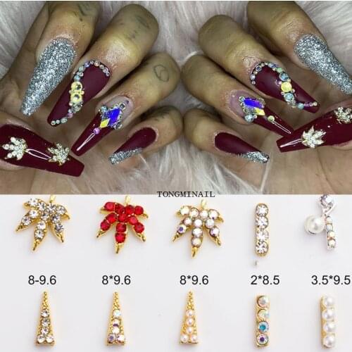 B0436- Weed Leaf 3D Nail Alloy Charm With Clear/AB/Red Rhinestone Gold Sparkly Luxury Nail Bling Diamond Accessories 20pcs/Lot