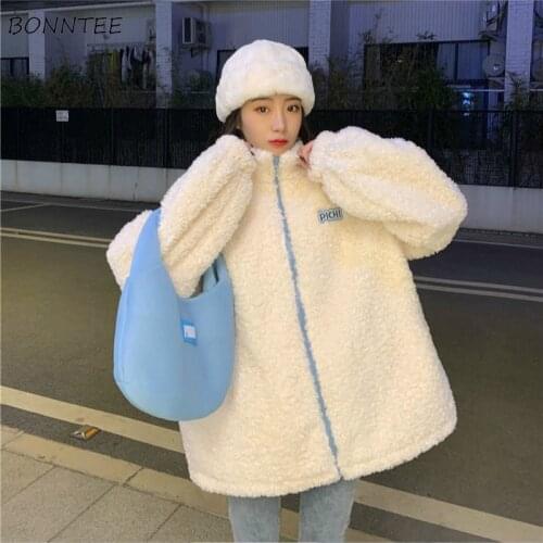 Basic Jackets Women Patch-design Zipper Stand Collar Plus Velvet Korean Style Students Simple Basic Casual Warm Loose Casual New