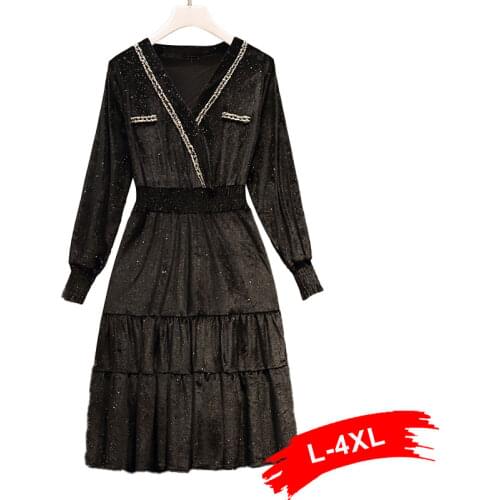 Sequins Sexy Plus Size Wrap V-neck Shining Velvet Sleeve Mid Long Cake Dresses 4xl 5xl Women Slim Elastic Waist Party Dress