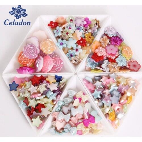 Wholesale ABS Imitation Pearl Multi-size Mix Colors Flower Star Rose Flat back Beads for Jewelry Diy Craft Scrapbook 50-200Pcs