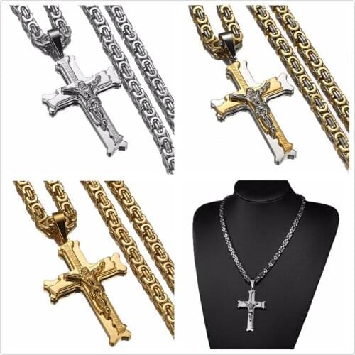 6mm Stainless Steel Silver Color Gold Men Birthday Gift Byzantine Chain Christian Jesus Cross Crucifix Pendant Necklace 18"-40"