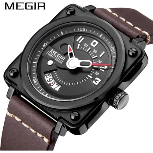 MEGIR Men Watch Fashion Square Quartz Watches Clock Men Leather Strap Relogio Masculino Military Watch for Male Reloj Hombre