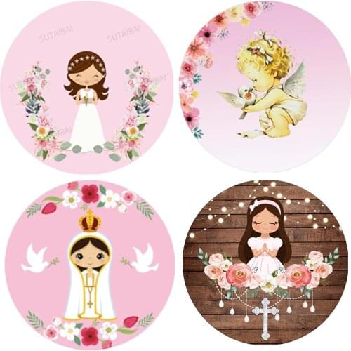 Girl My First Communion Round Backdrop Cover Brown Wood Cross Flowers Photo Background Circle Banner Photography Photo Studio