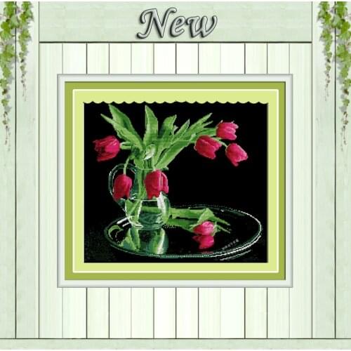 Red tulips flower vase black cloth painting counted on canvas DMC 14CT 11CT Cross Stitch Embroider kits Needlework Set unprinted