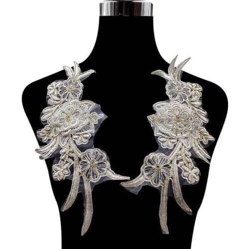 2PCS Beautiful White Gold Embroidery Rose Flowers Lace Fabric Appliques Patch Costume Wedding Dress Guipure 3D Lace Scrapbooking