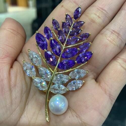 Natural fresh water pearl brooch cubic zircon leaf purple multi color butterfly fashion women jewelry free shipping