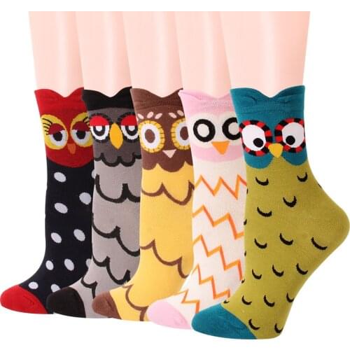 12 Pairs Women Cute Owl Cartoon Cotton Casual Middle Tube Funny Soft Breathable Animal Dress Boot Socks