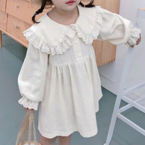 2021 New Spring Autumn Dress Kid Clothes Lapel Lace Decoration Childrens Clothing Girl Dress For 2-6 Years