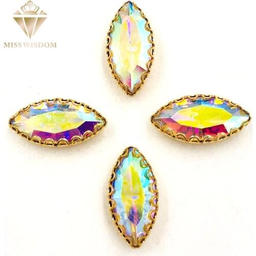 NEW 7X15mm White AB Horse eye sew on rhinestones gold base with hole lacy claws glass crystal rhinestone Diy garment accessories