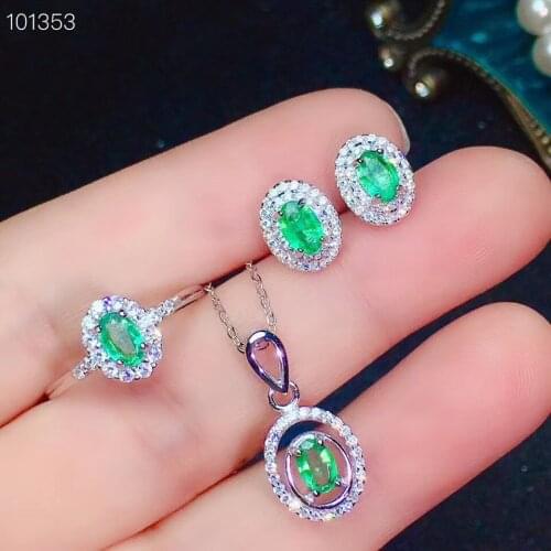 New Design Natural Real Emerald Set 925 Sterling Silver 1pc Emerald Ring,2pcs Emerald Earring,1pc Emerald Pendant