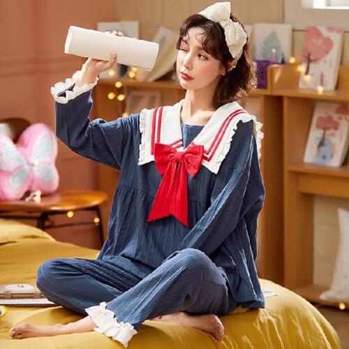 Autumn Winter Cute Princess Retro Style Pajamas Sets for Women Cotton Bule Color Soft Sleepwear Suit Home Loose Nightwear Set