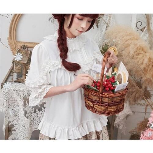 Sweet Lolita Shirt Short Puff Sleeve White Ruffle Blouse for Ladies B803