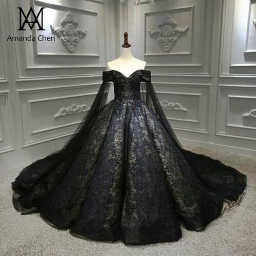 Robe de mariee princesse de luxe Black Off Shoulder Lace Appliques Wedding Dress