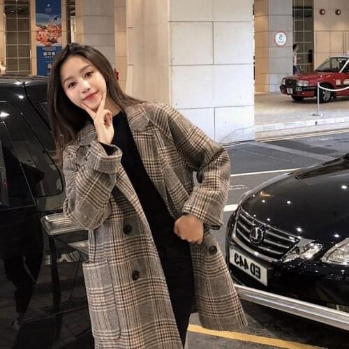 Timis Li Womens Winter Plaid Blends Vintage Coat Jacket Check Batwing Sleeve Korean Woman Coats Autumn Pocket Outerwear Ladies