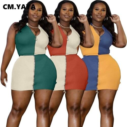 CM.YAYA Women Sets Patchwork Skinny Elastic Sleeveless Zip Stand Collar Crop Tops Empire Zip Mini Skirts 2 Piece Set Summer 2021
