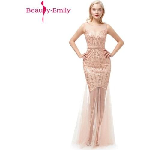 Beauty-Emily Sequins Golden Beading Evening Dresses Mermaid Long Formal Prom Party Dresses 2019 New Style