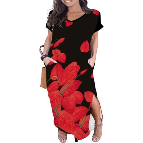 Vintage Floral Maxi Dress Women Short Sleeve V-Neck Loose Casual Dress L-5XL Summer Vestidos Irregular Hem Slit Dress Plus Size