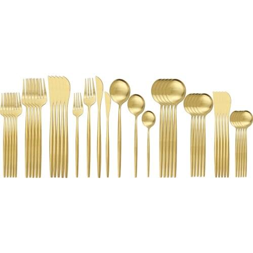 42Pcs/Set Gold Matte Flatware Dinnerware Cutlery Set Knife Fork Spoon Dinner Dessert Set Stainless Steel Tableware Set Kitchen
