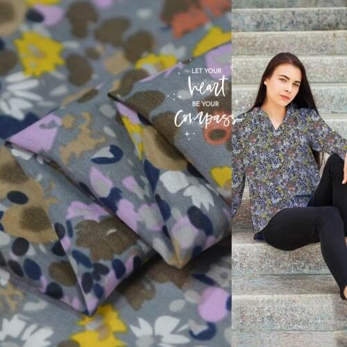 Abstract floral print natural silk and cotton blended fabric soft and thin,SCT749