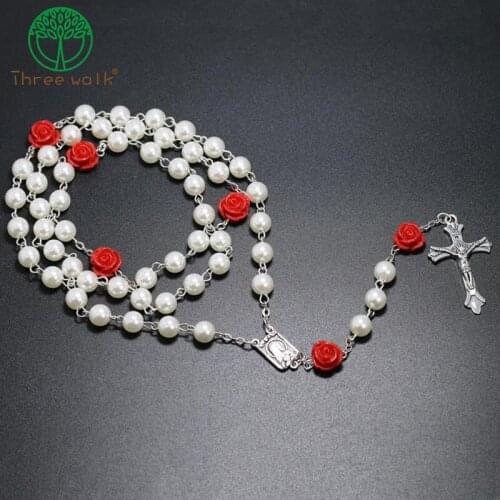 Acrylic Flower Beads Catholic Rosary Cross Pendant Necklace Statement Colorful Beads Religious Maxi Necklace For Women