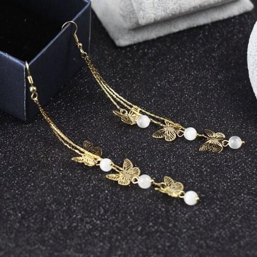 BUDROVKY Fashion Cool Hollow Butterfly Long Tassel Ear Pendant Earrings Opal Ear Pendant Ear Stud Ear Rings for Women