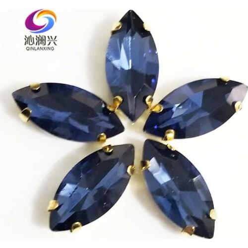 Ink blue eye shape Glass Crystal sew on stones with holes,Golden bottom loose rhinestones Diy/Clothing accessories SWMG22