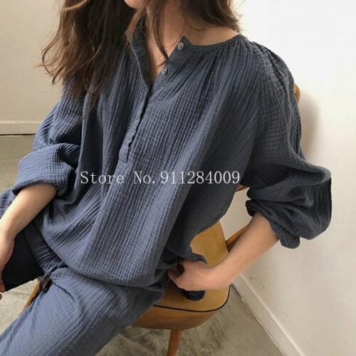 Breathable spring autumn women red blue pajamas set long sleeve sleepwear contton linen loose sweet drawstring pants sets L261
