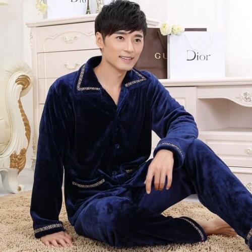 Winter Thick Warm Flannel Pajamas Set For Men Sleepwear Pyjamas Suit Home Clothing coral fleece warm pyjamas