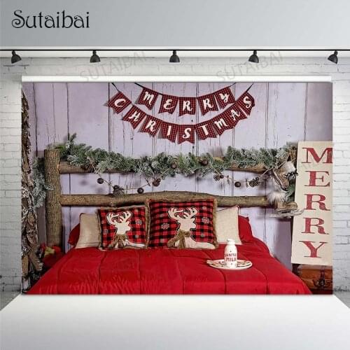 Merry Christmas Photography Background Wood Wall Headboard Bed Winter Family Party Kids Portrait Backdrop Photo Studio Photocall
