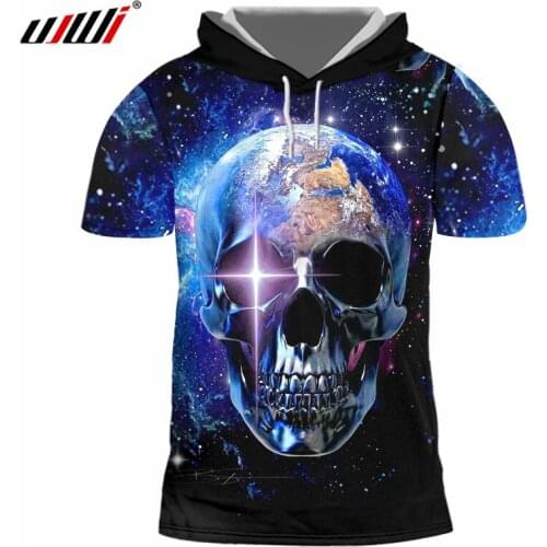 UJWI Men T-shirts Print Galaxy Space Hooded Tshirt Skull Hoodies Hombre Hip Hop Streetwear Punk Style Short Sleeve Cap T Shirts