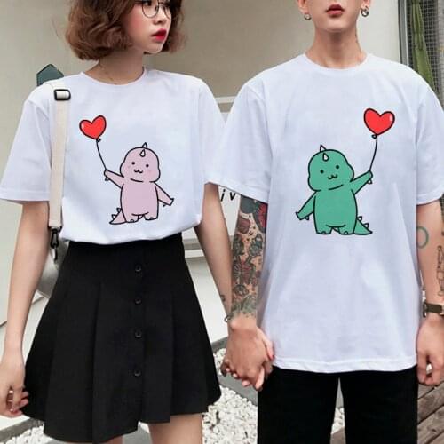 Kawaii Dinosaur Couple Funny Cartoon T-shirt Women Harajuku Cute Anime Tshirt Graphic Korean T Shirt Streetwear Top Tees Female
