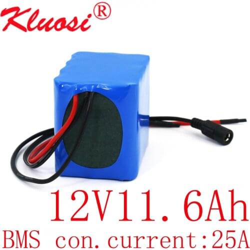 KLUOSI 12V 11.6Ah 12Ah 3S4P High Capacity 12.6V Li-ion Battery Pack with 25A BMS for LED Lamp Light Backup Power Electrical Tool