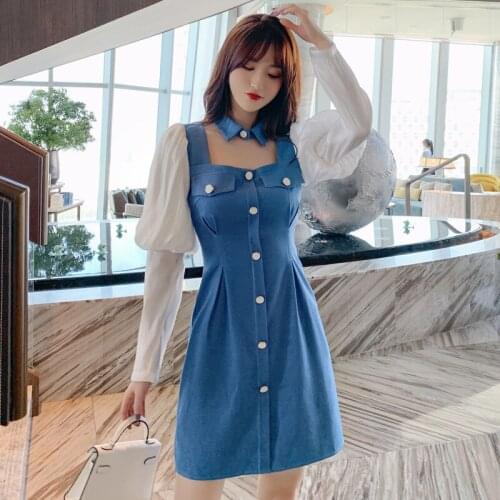 2020 Autumn Winter Cute Sweet Dress for Ladies Singer Button A Line Blue Mini Dress Woman Elegant Christmas Dress Woman Fashion