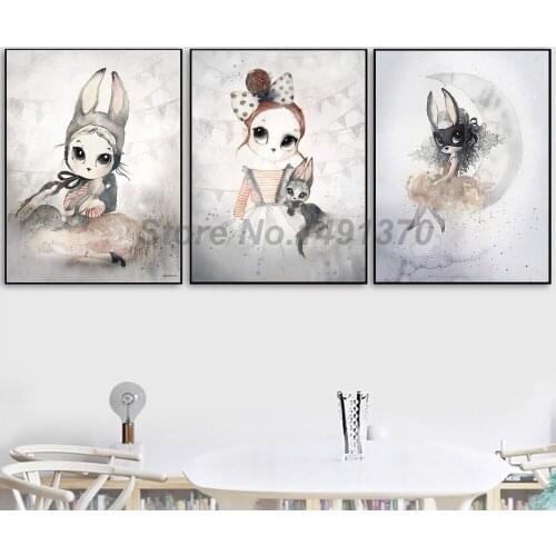 Cute Cartoon Canvas Modern Rabbit Girl Sweet Kid Bedroom Print Poster Wall Art Picture Painting For Living Room Home Decoration