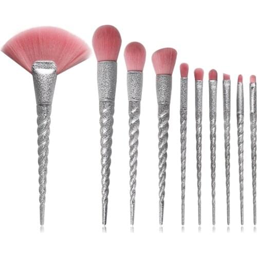 Silver Glitter 10Pcs Makeup Brushes Set Unicorn Horn Powder Blush Fan Brush Eyeshadow Girls Fashion Pink Cosmetic Brush Kit