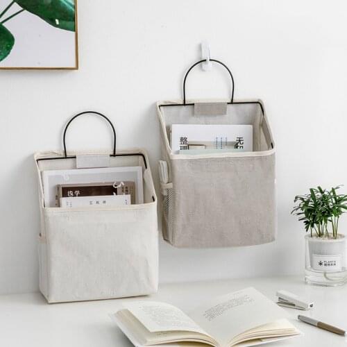 Cotton Linen Wall-mounted Storage Bag Wall Hanging Bedside Storage Organizer Book Magazine Mobile Phone Holder Storage Bag