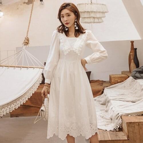 YIGELILA Autumn New Arrivals White Dress Turn Down Collar With Embroider Party Dress Lantern Sleeves Mid-calf Long Dress 65406