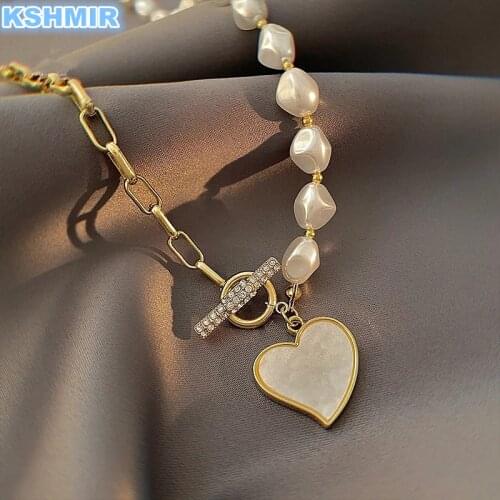 Imitation Baroque Pearl Titanium Steel Necklace Korean Fashion Heart-Shaped Pendant Jewelry Girls Sexy Clavicle Chain For Woman
