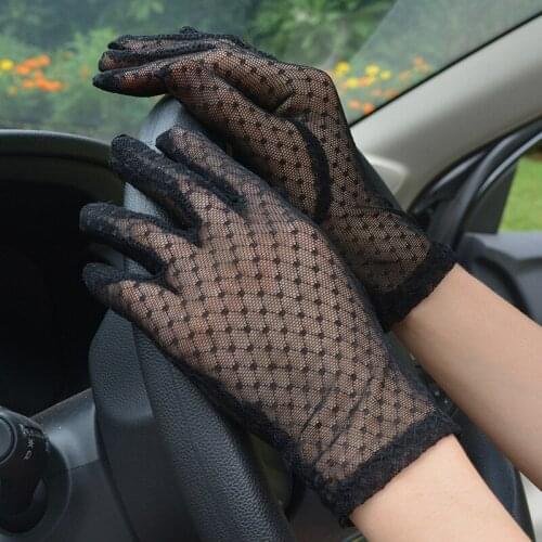 Womens Summer Gloves Full Finger Black Lace Mesh Gloves Mittens For Driving Sun Protection Party Costume Female Gloves