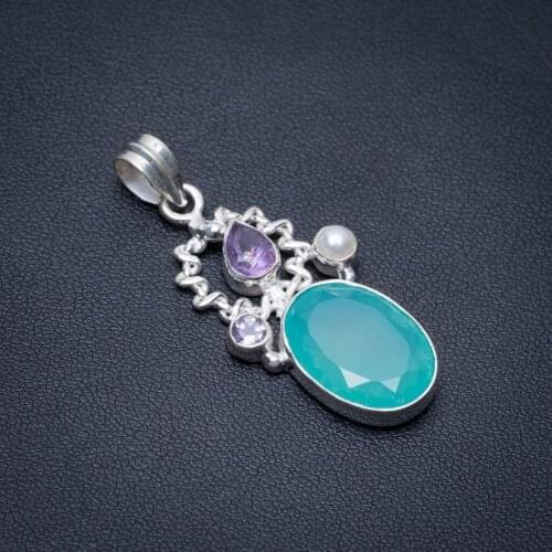 Natural Chalcedony,Amethyst and River Pearl Punk Style 925 Sterling Silver Pendant 1 3/4" S1233